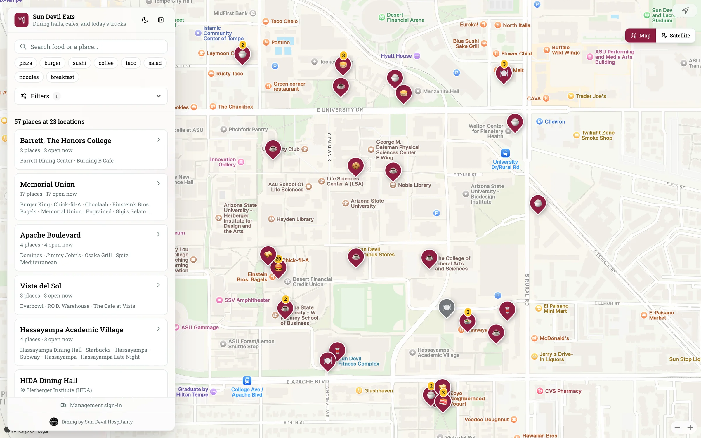 Sun Devil Eats on the Tempe campus: a results panel listing Barrett, Memorial Union and Hassayampa beside a map of maroon dining pins.