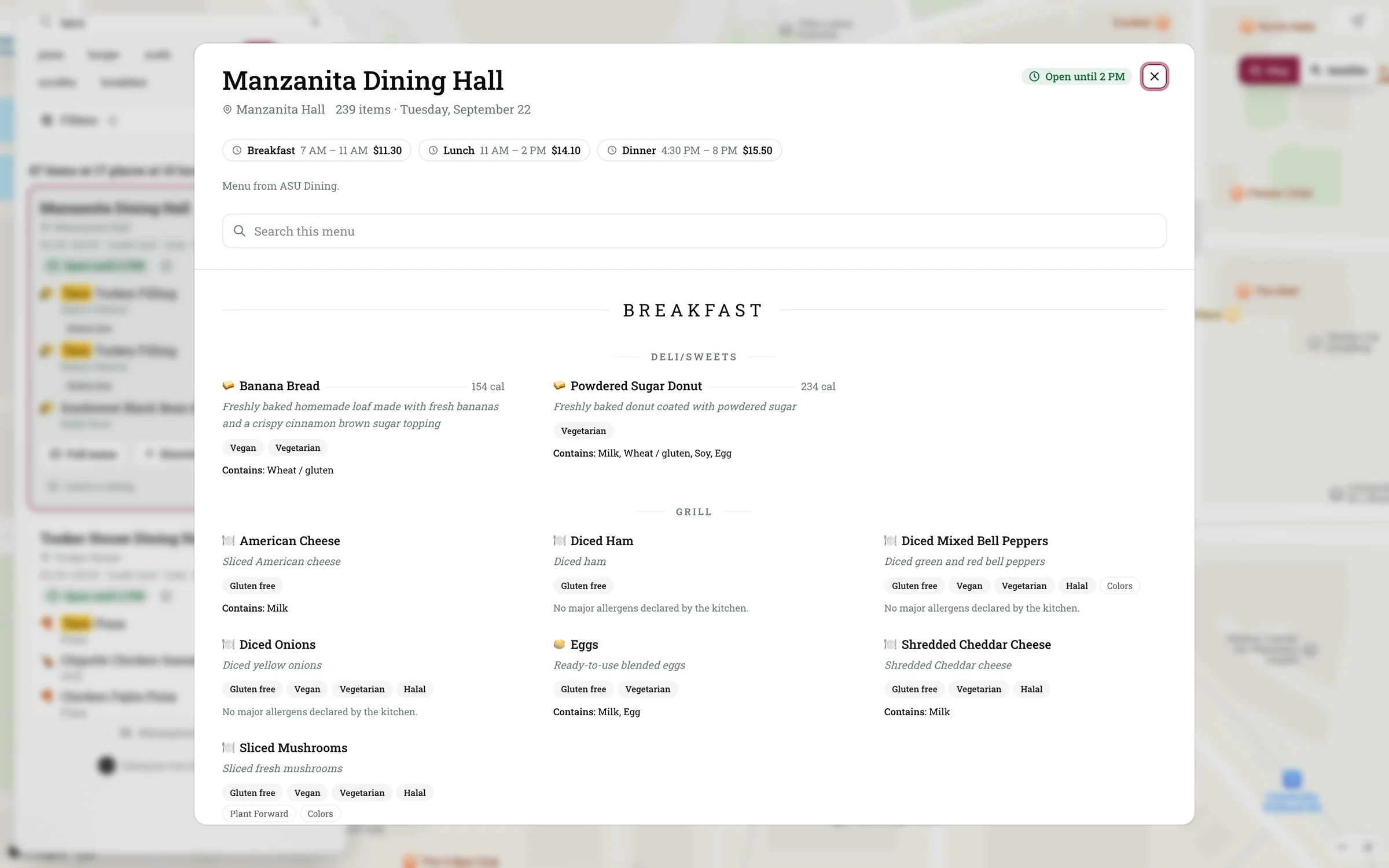 Manzanita Dining Hall's menu booklet: breakfast, lunch and dinner prices, then each dish with calories, diet tags and allergens.